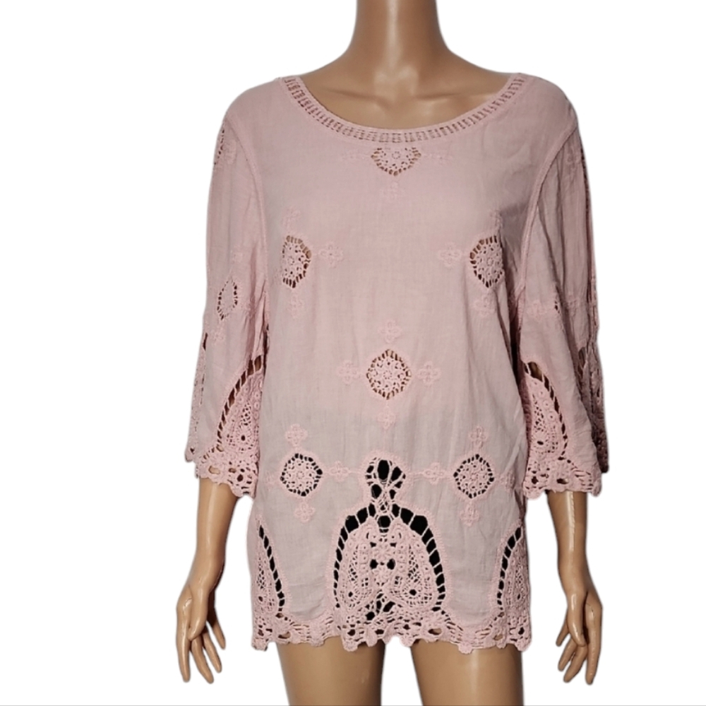 Lapis Top Womens Size Medium Boho Floral Embroidered‎ Pink Cottage Gauzy Peasant